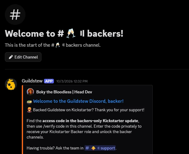 The backers channel: instructions to find the access code in the backers-only Kickstarter update and verify privately