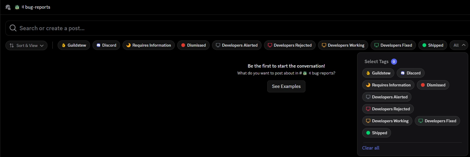 The bug-reports forum with status tags from Requires Information and Developers Alerted through Developers Fixed and Shipped