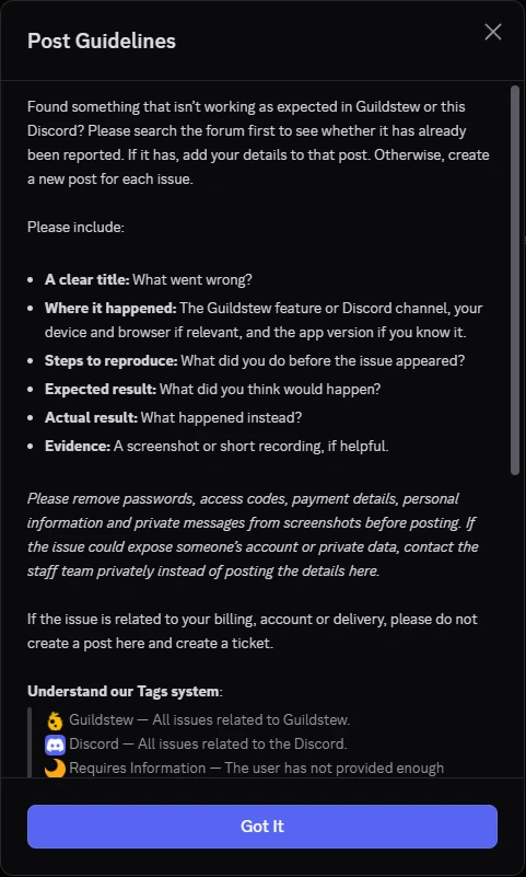 Bug report posting guidelines: what to include, and a reminder to remove passwords, access codes and personal information