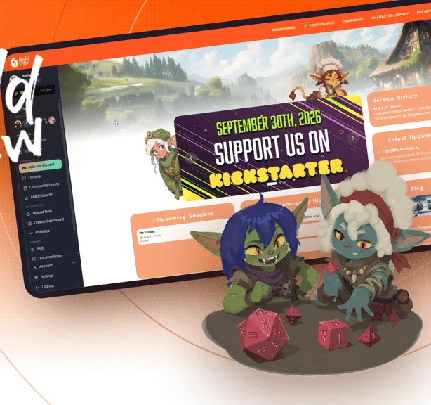 Guildstew key art: the Guildstew app with two goblin mascots and dice
