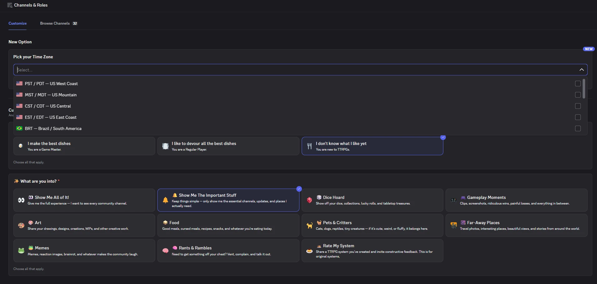 Channels and Roles: a Pick your Time Zone selector above the two onboarding questions