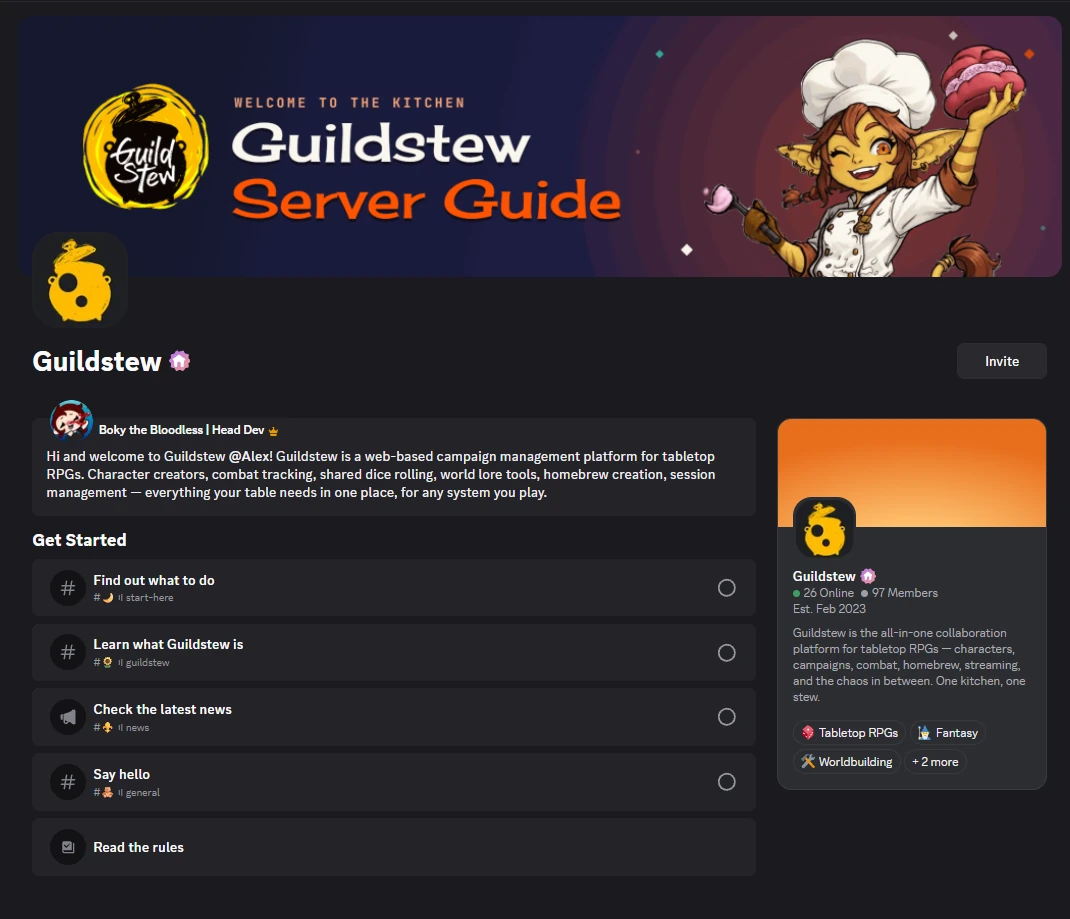 The Guildstew Server Guide: a welcome message and a Get Started checklist covering start-here, guildstew, news, general and the rules