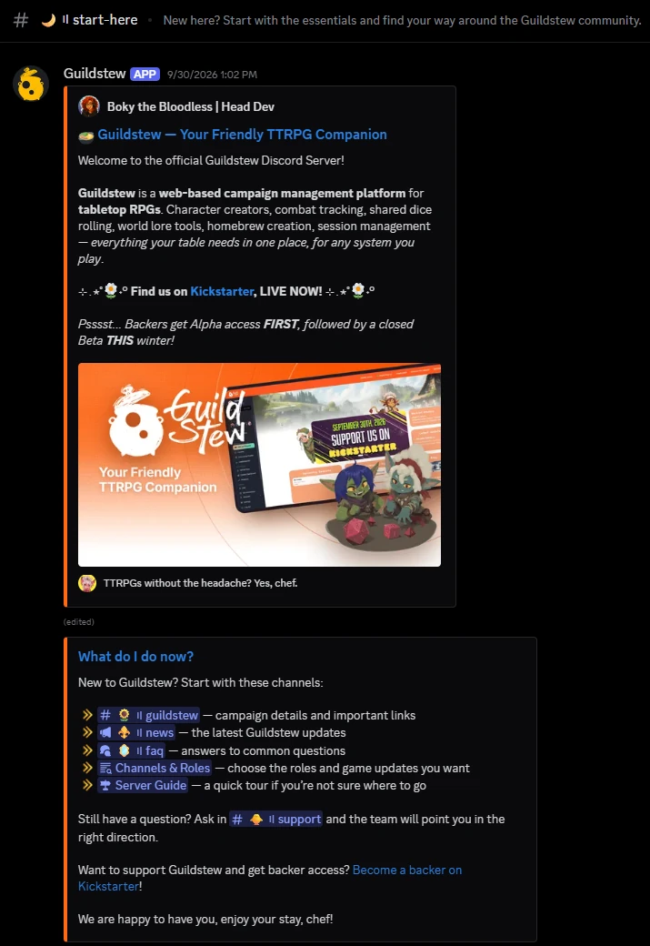 The start-here channel: a welcome message and a What do I do now? guide to the first channels