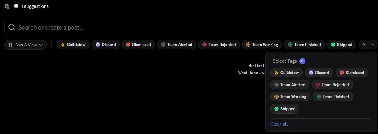 The suggestions forum with status tags from Team Alerted through Team Working, Team Finished and Shipped