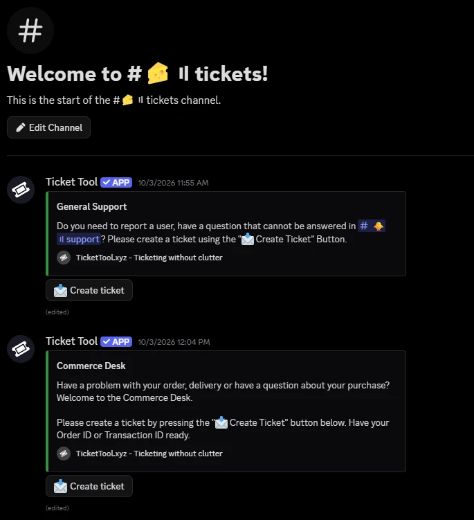 The tickets channel with two ticket panels: General Support and Commerce Desk